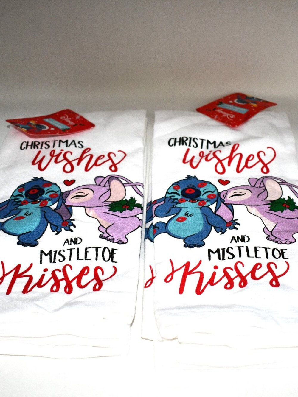 Disney Stitch & Angel Christmas Kitchen Towels – 2 Sets of 2 – Total of 4 Towels